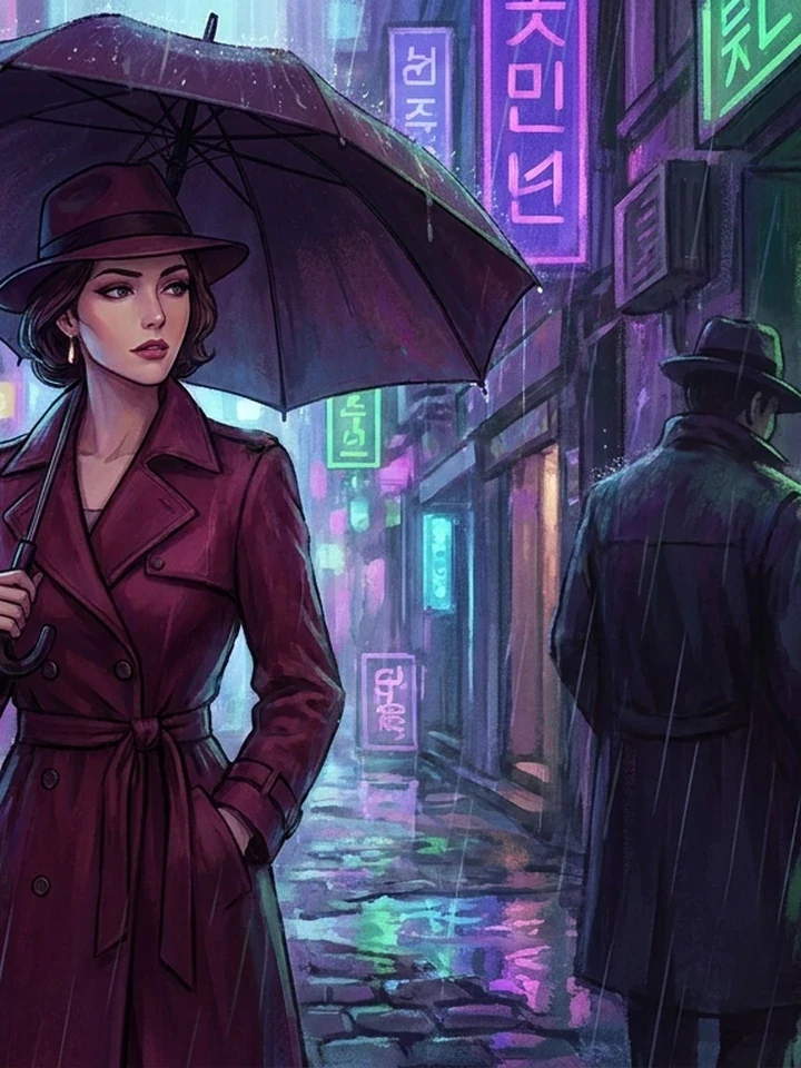 Cyberpunk adult anime character lit by opposed neon on wet asphalt