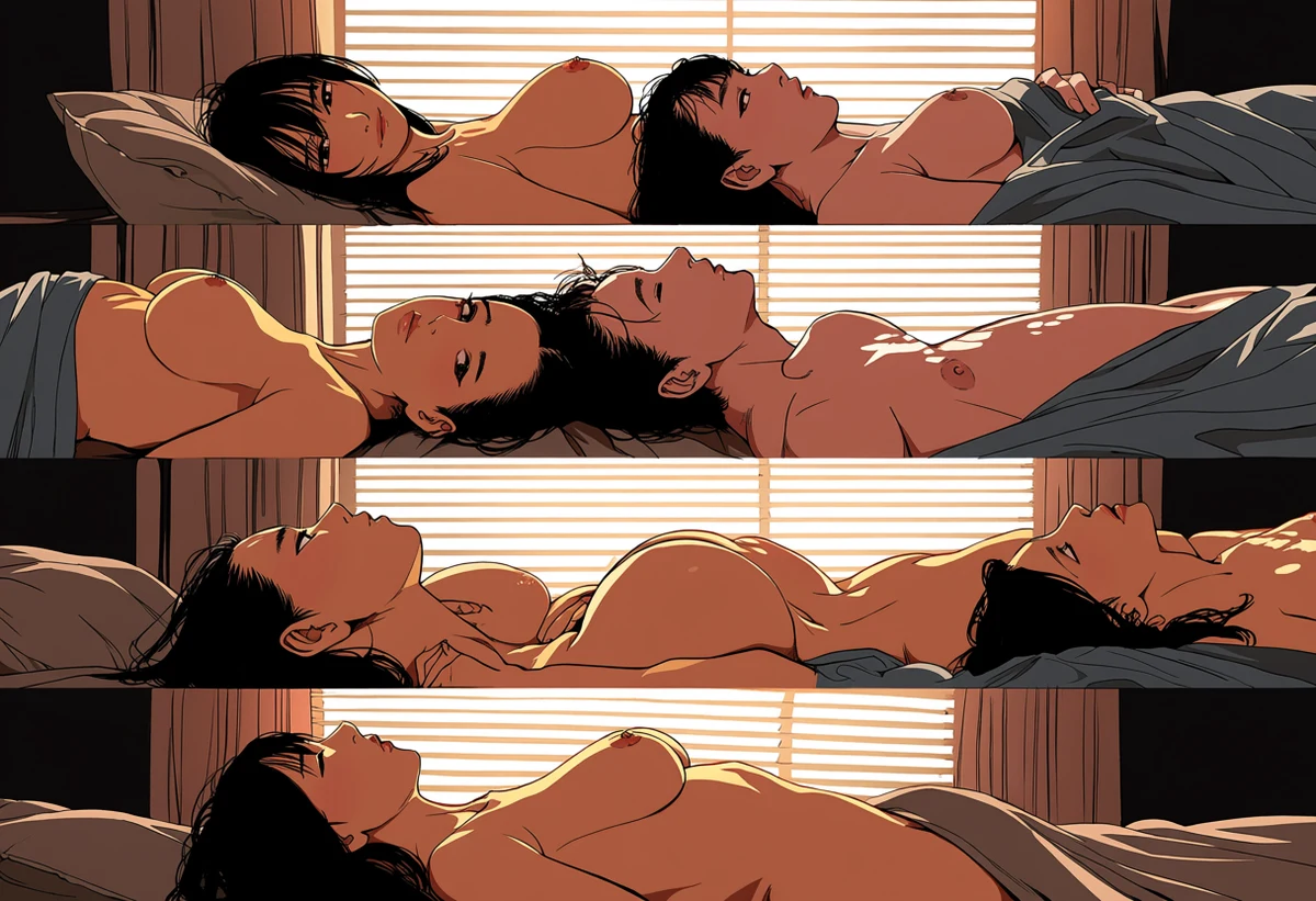 a nude adult couple age 46 and 31 lying face to face in morning light, both unmistakably adult, honest mutual desire, adult manhwa art style