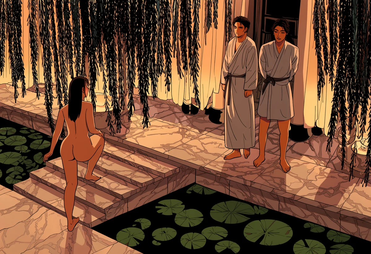 a nude adult woman age 31 stepping from a lotus pond onto marble steps at dusk while her adult lover waits with a robe, ink-wash willows, adult manhua art style