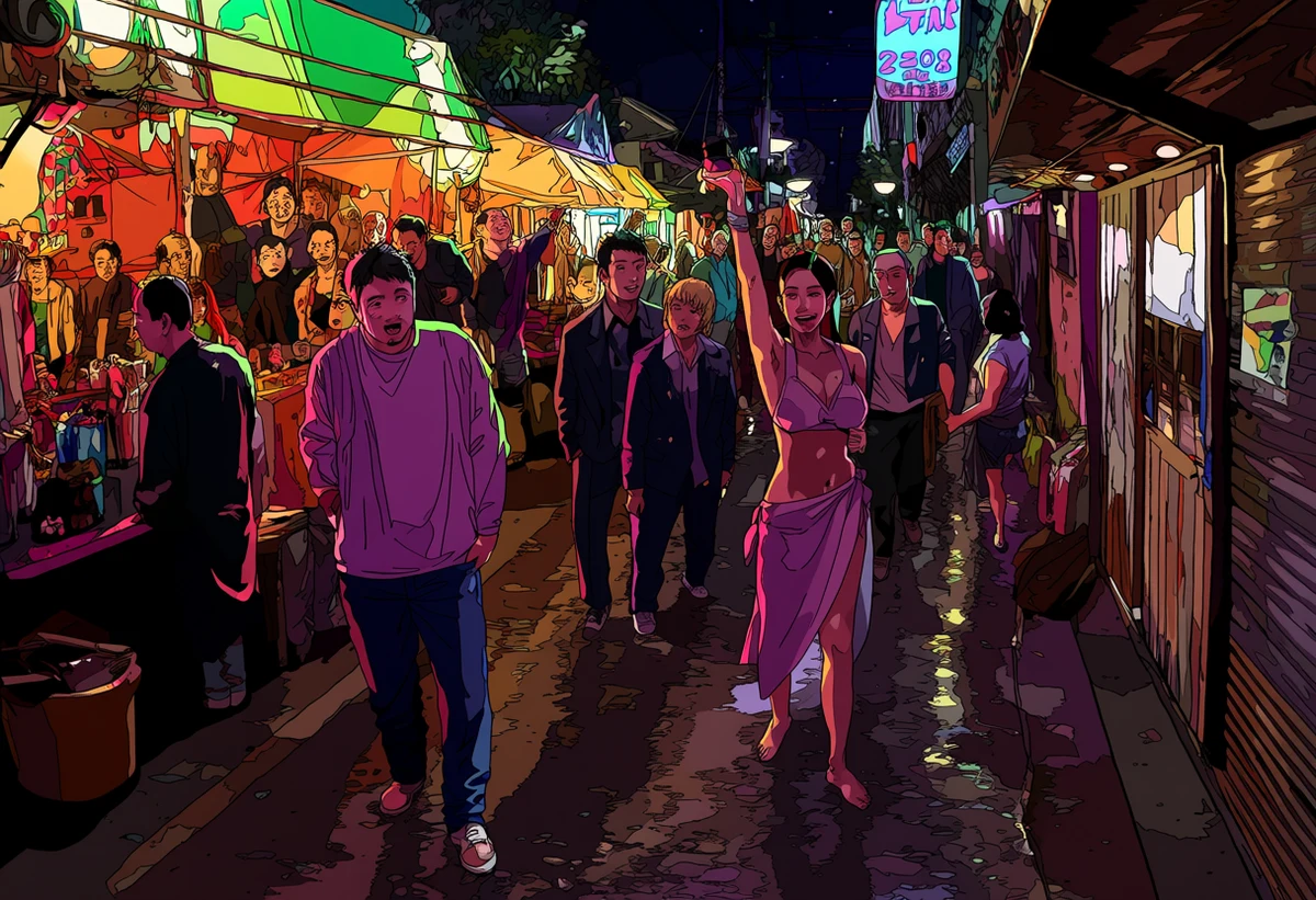 a Thai adult couple age 33 and 35 slipping into a dark alley off a night market, neon and grill smoke behind them, explicit adult illustration