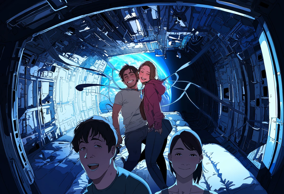 an adult couple age 34 and 36 floating together in a dim space station bunk, tether straps drifting, Earth glow through the port, adult anime art style