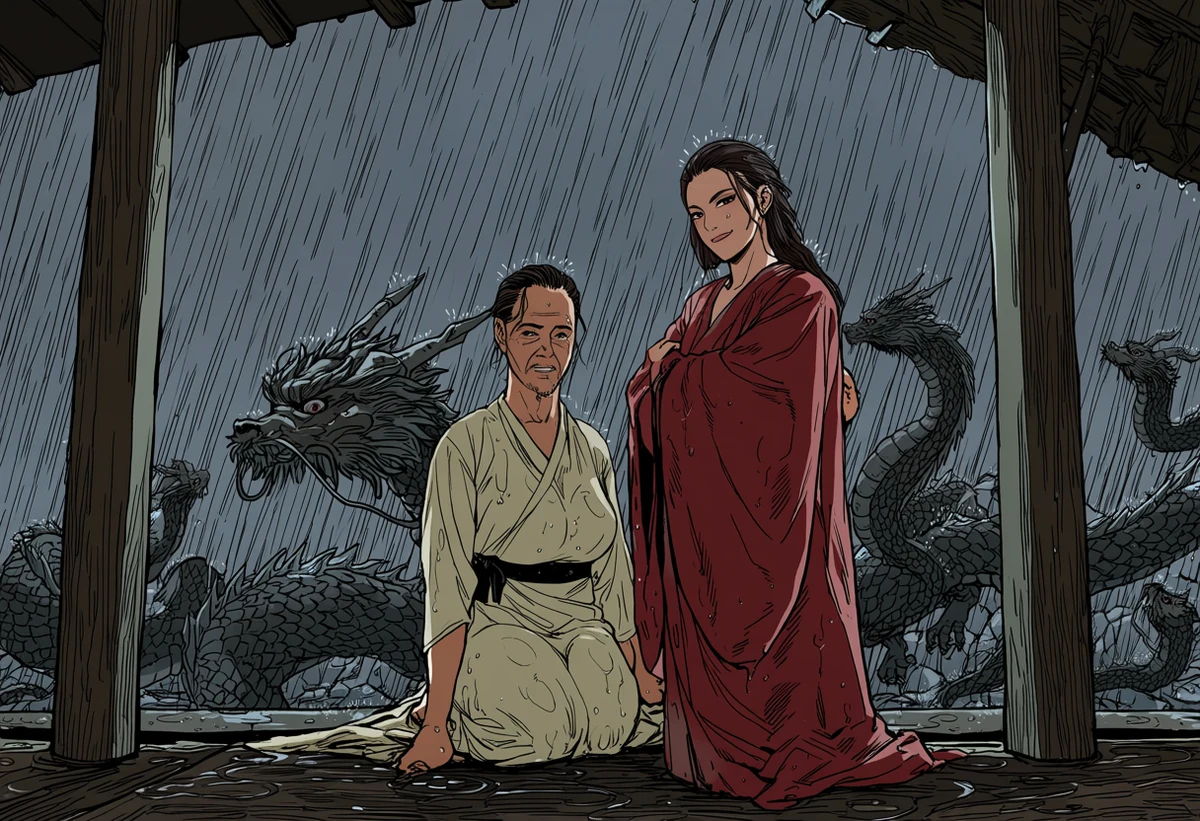 an adult couple age 33 and 37 sheltering under a temple eave in heavy rain, soaked robes clinging, stone dragons and grey ink sky, adult manhua art style