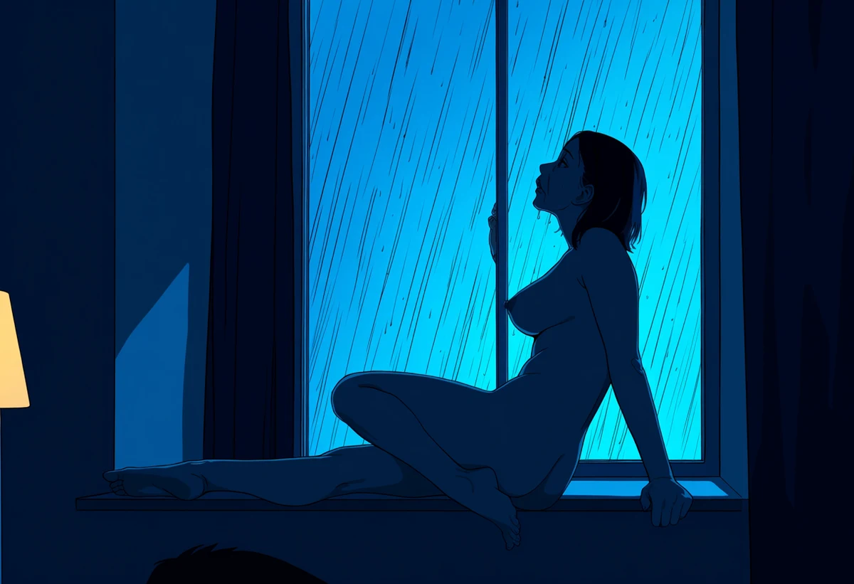 a nude adult woman age 35 seated on a windowsill watching rain, anime rain streaks, cool blue palette against a warm interior lamp, adult anime art style