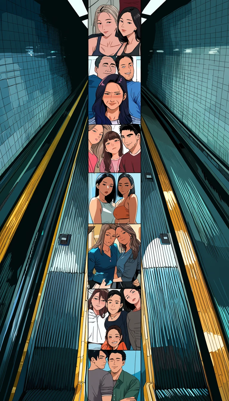 an adult couple age 32 and 33 close together on a long subway escalator at night, tall vertical webtoon panel, tiled tunnel light