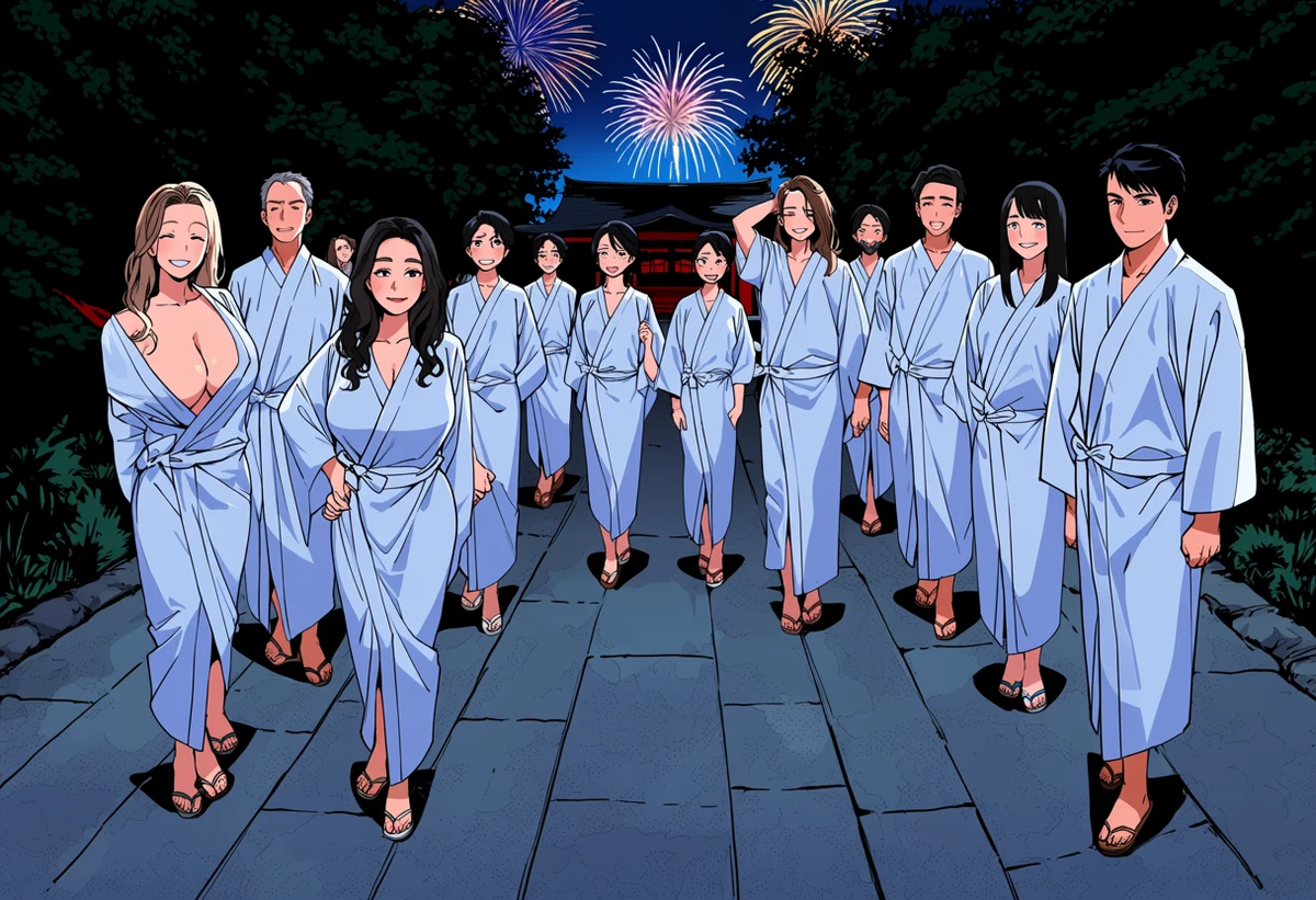an adult couple age 30 and 33 in loosened yukata slipping away from a summer festival onto a dark shrine path, distant fireworks, adult manga art style