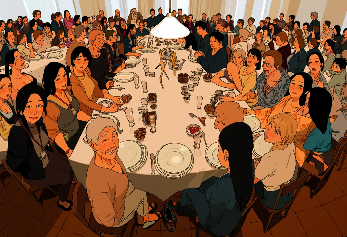 an adult couple age 36 and 34 in an explicit encounter at the edge of a dining table, plates pushed aside, overhead pendant light, explicit adult manhwa art style