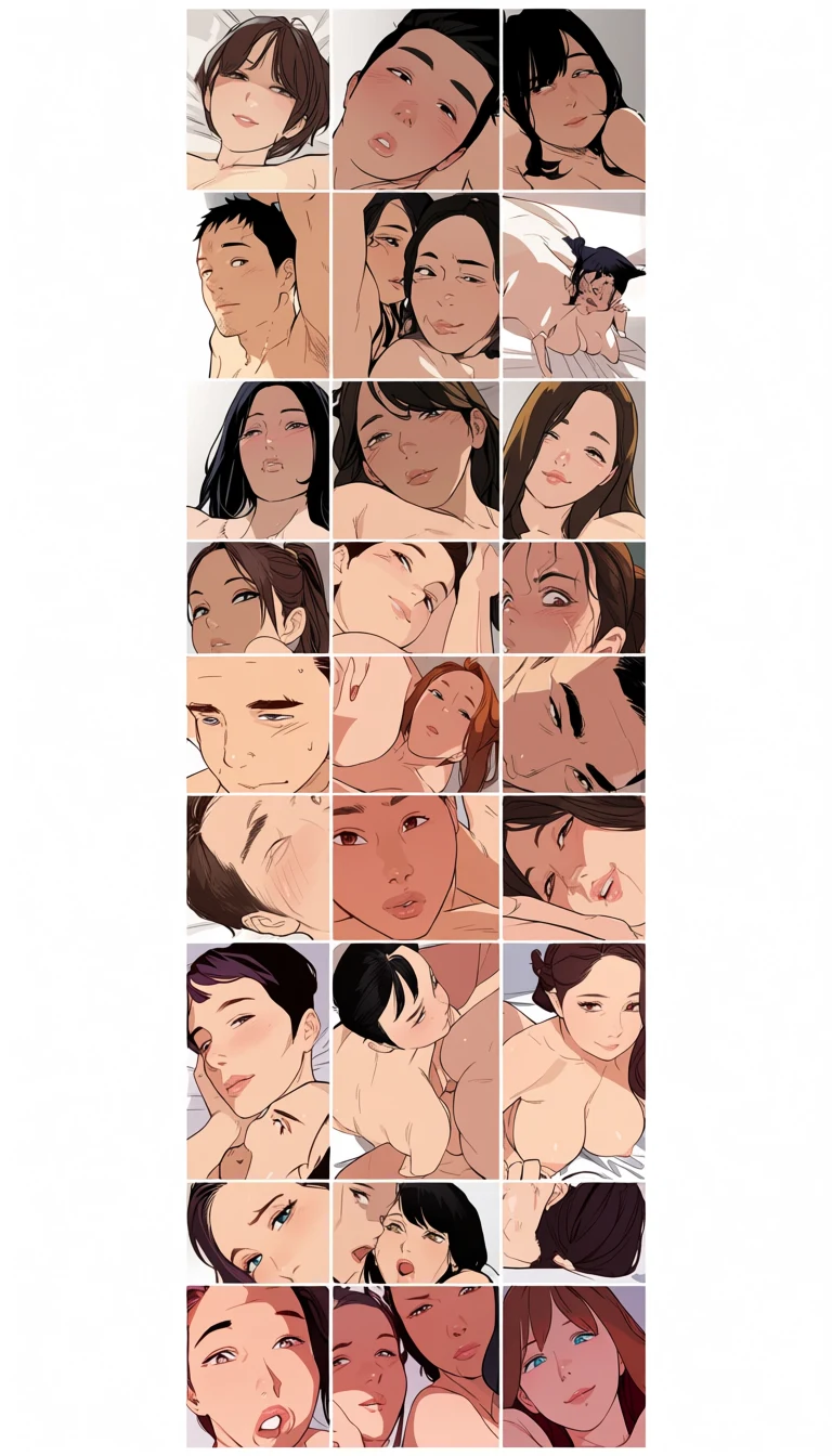 a nude adult couple age 34 and 36 seen from above on a bed, tall vertical webtoon scroll panel, soft gradient background, flat cel colour